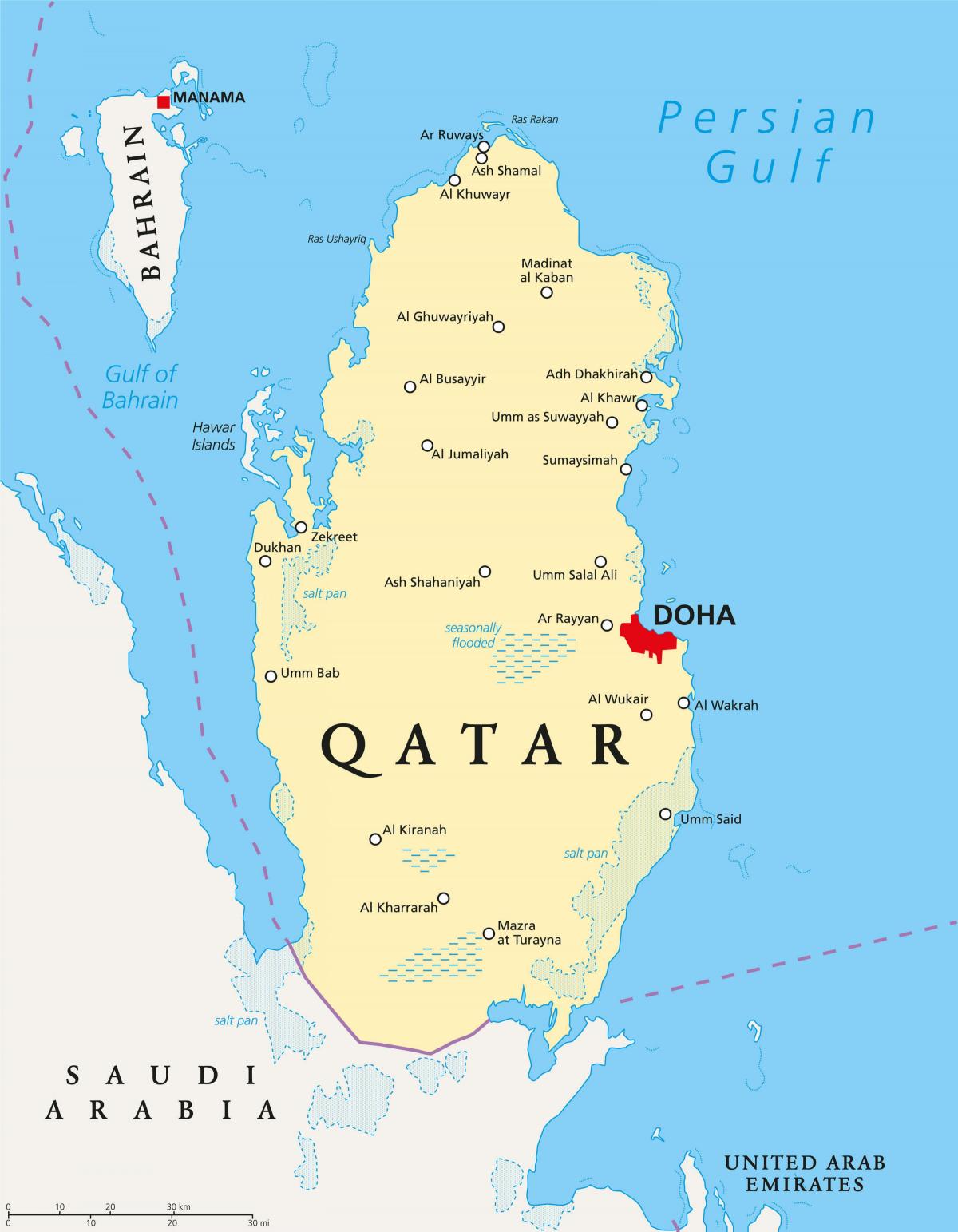 कतर के नक्शे के साथ शहरों